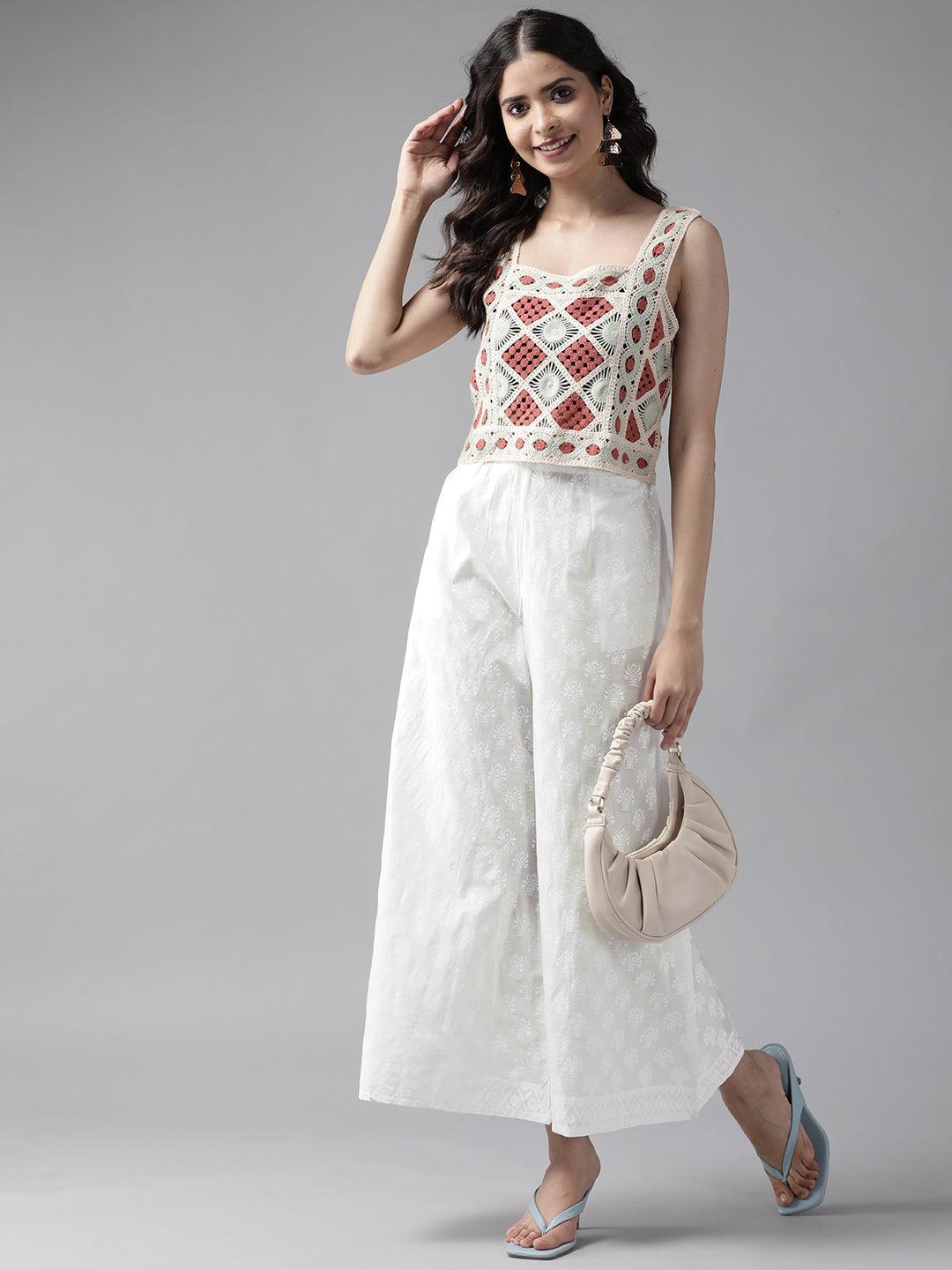 Cream Printed Cotton Palazzos