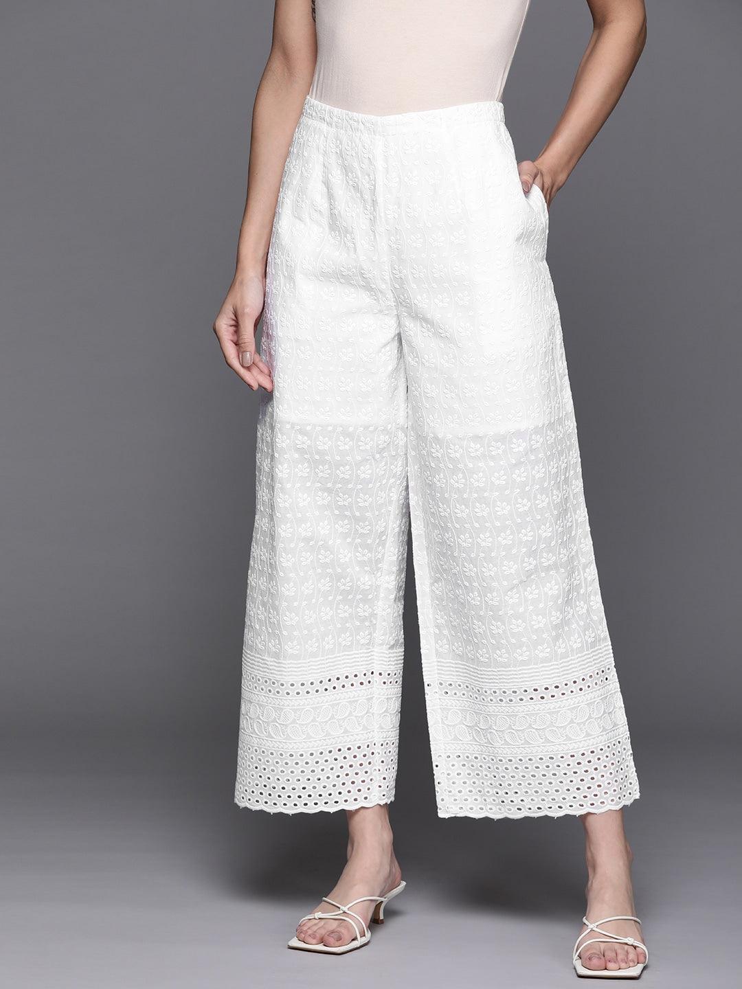 White Embroidered Cotton Palazzos