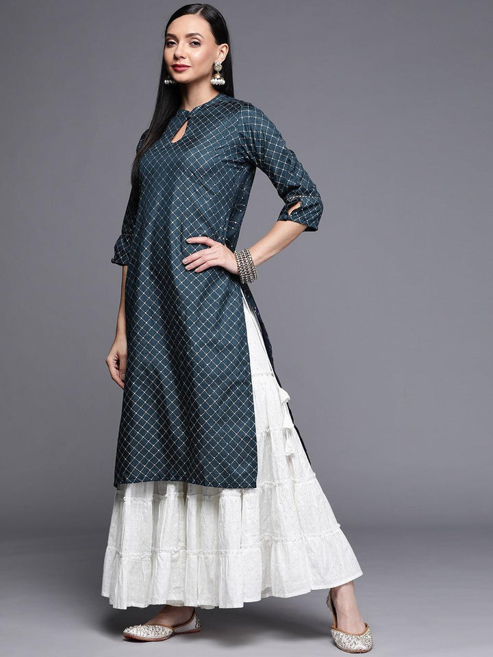 Blue Printed Chanderi Silk Kurta - ShopLibas