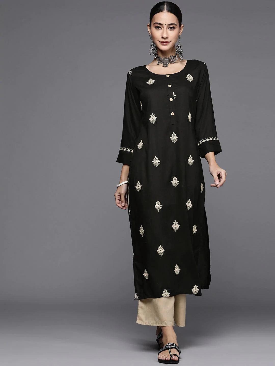 Black Embroidered Rayon Kurta Set