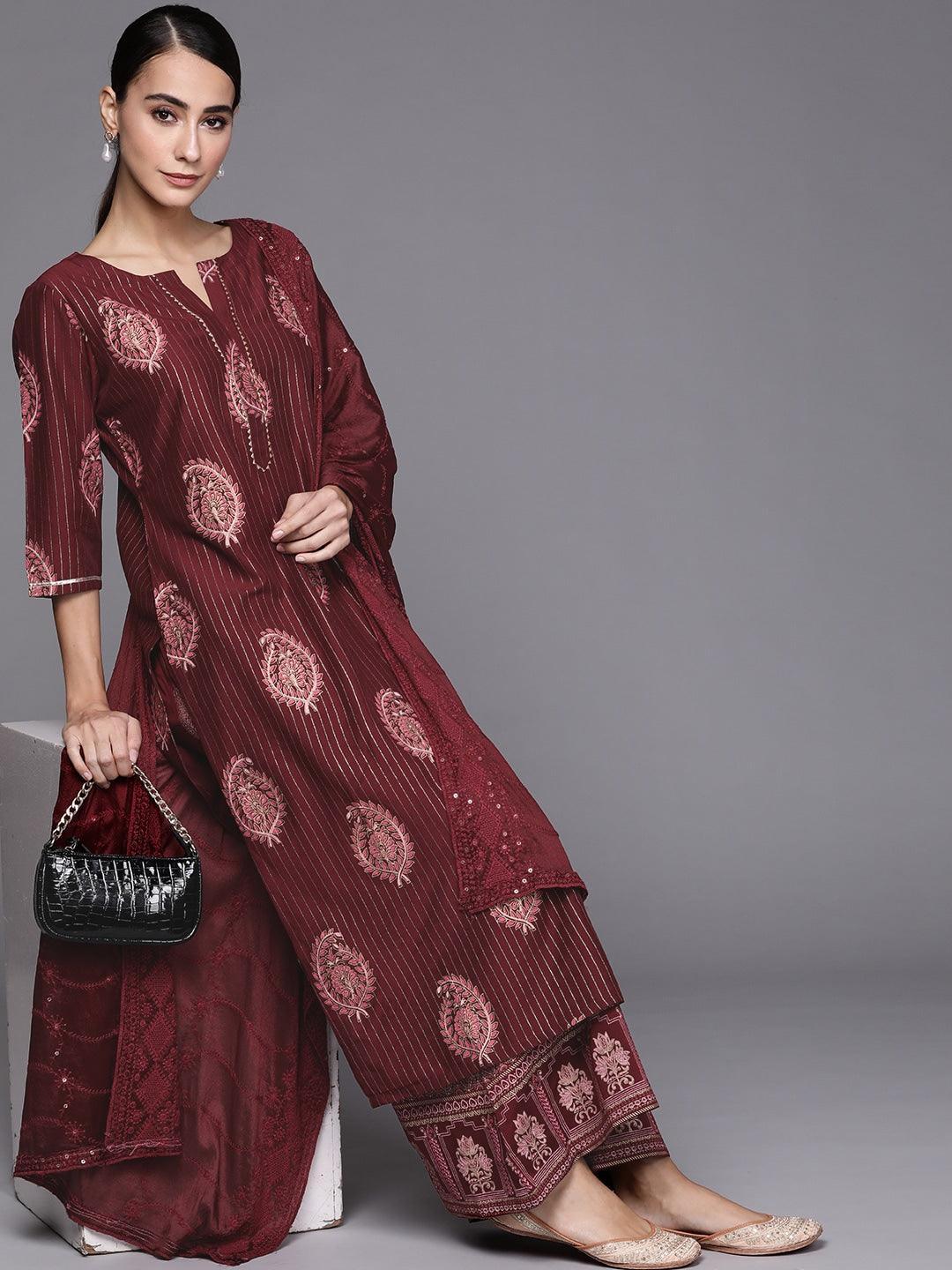 Maroon Self Design Silk Blend Suit Set - ShopLibas