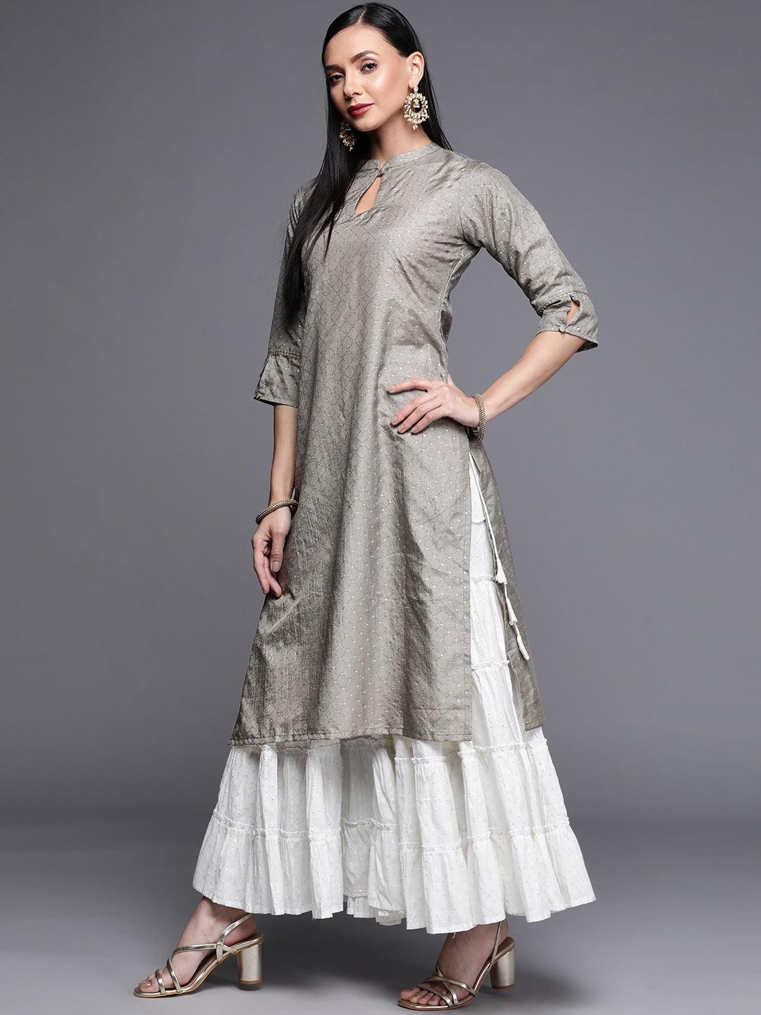 Grey Printed Chanderi Silk Kurta - ShopLibas