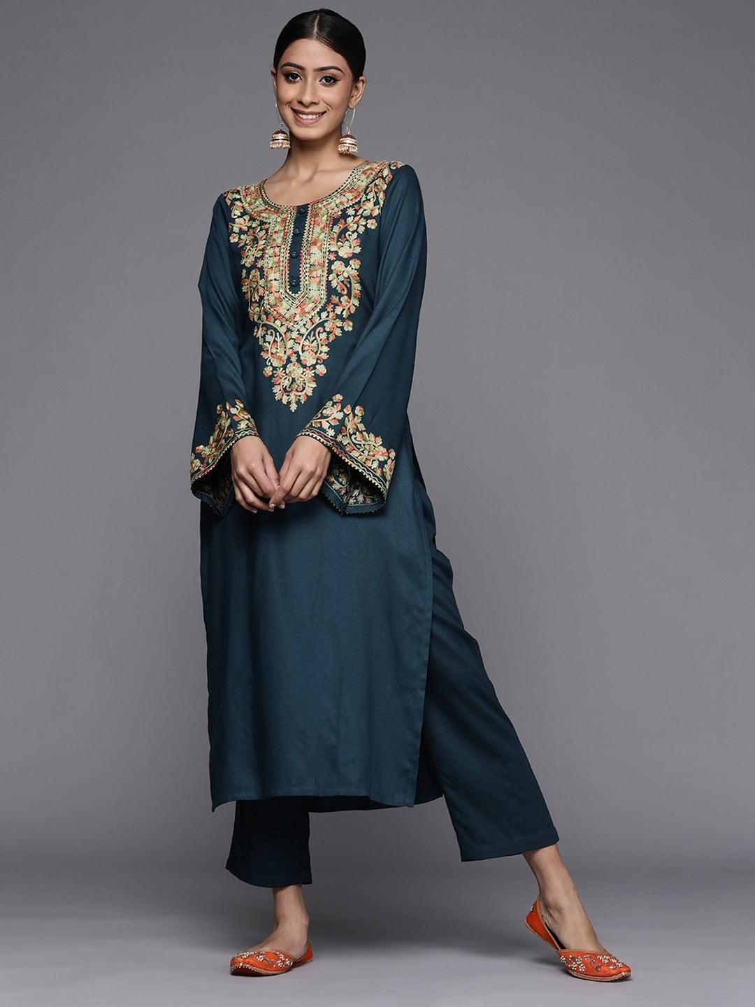 Blue Printed Pashmina Wool Kurta