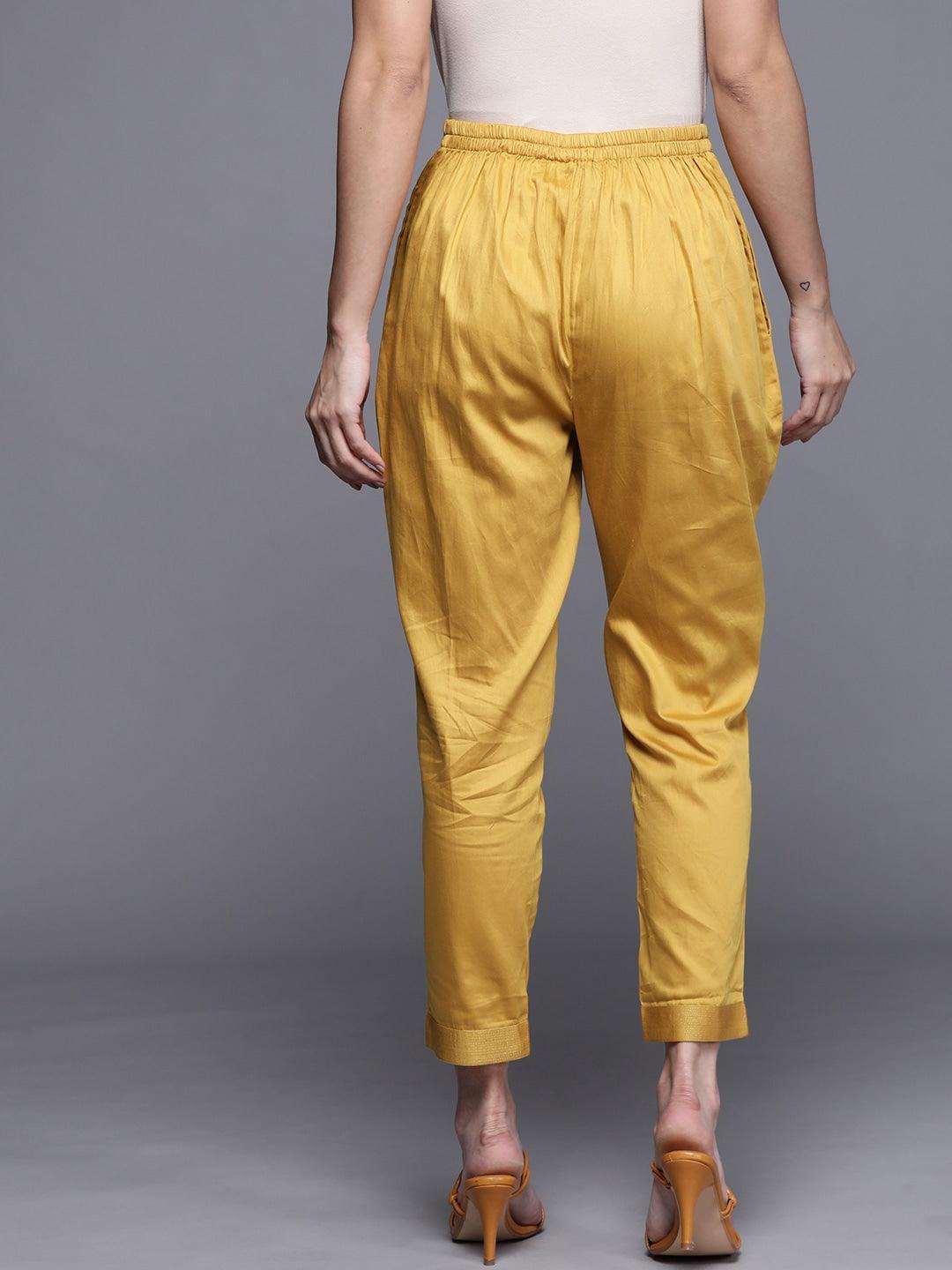 Yellow Solid Silk Trousers - ShopLibas