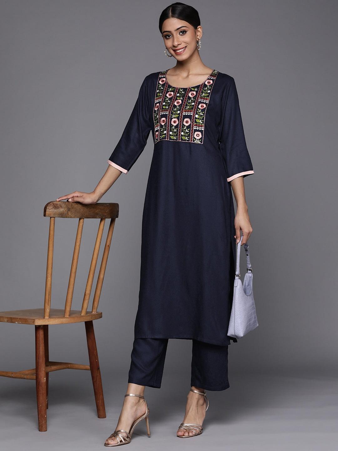 Blue Printed Pashmina Wool Kurta