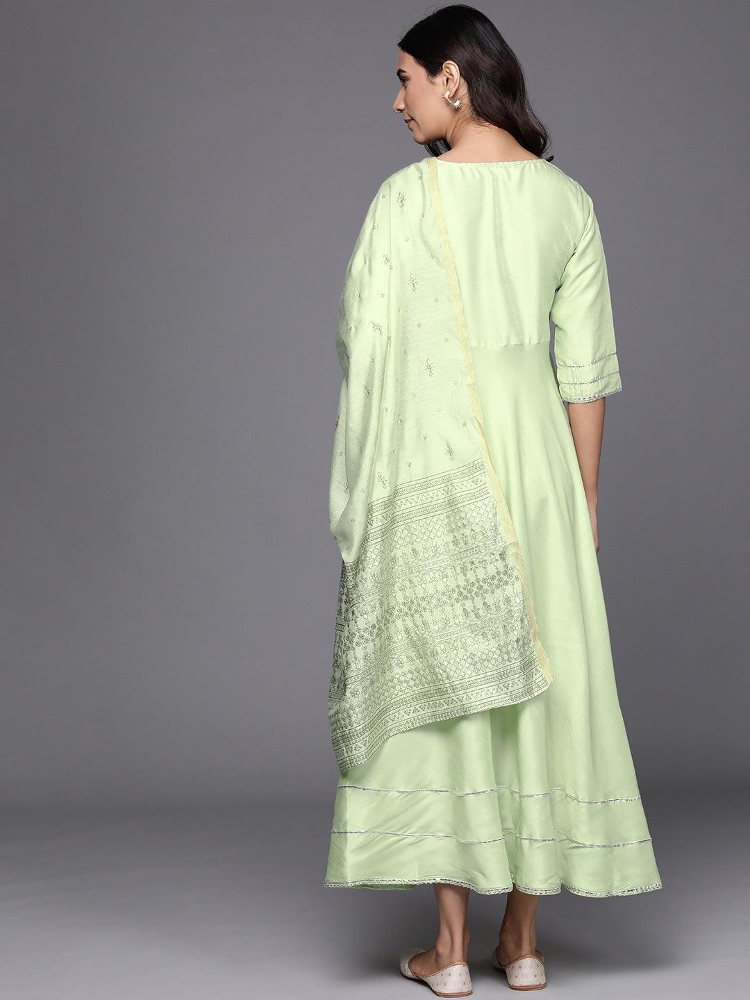 Green Solid Silk Dress With Dupatta