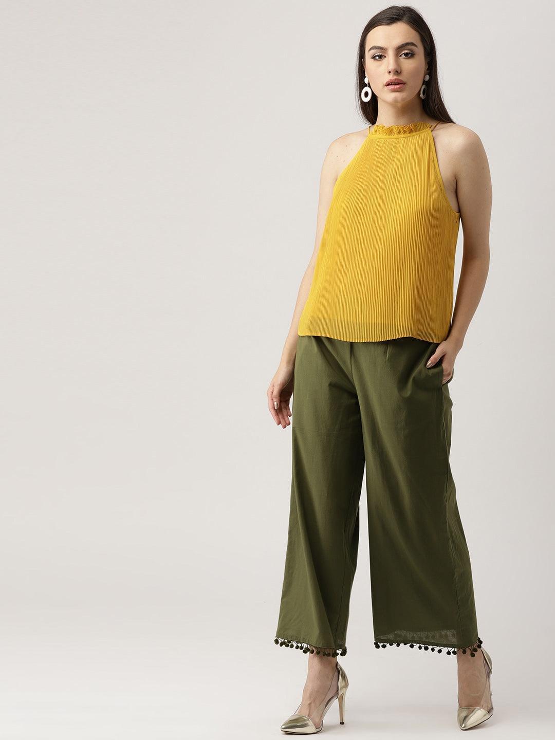 Green Solid Cotton Palazzos - ShopLibas