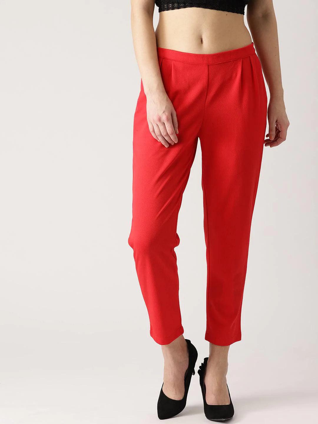 Red Solid Polyester Trousers - ShopLibas