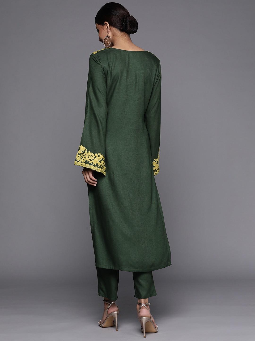 Green Printed Pashmina Wool Kurta