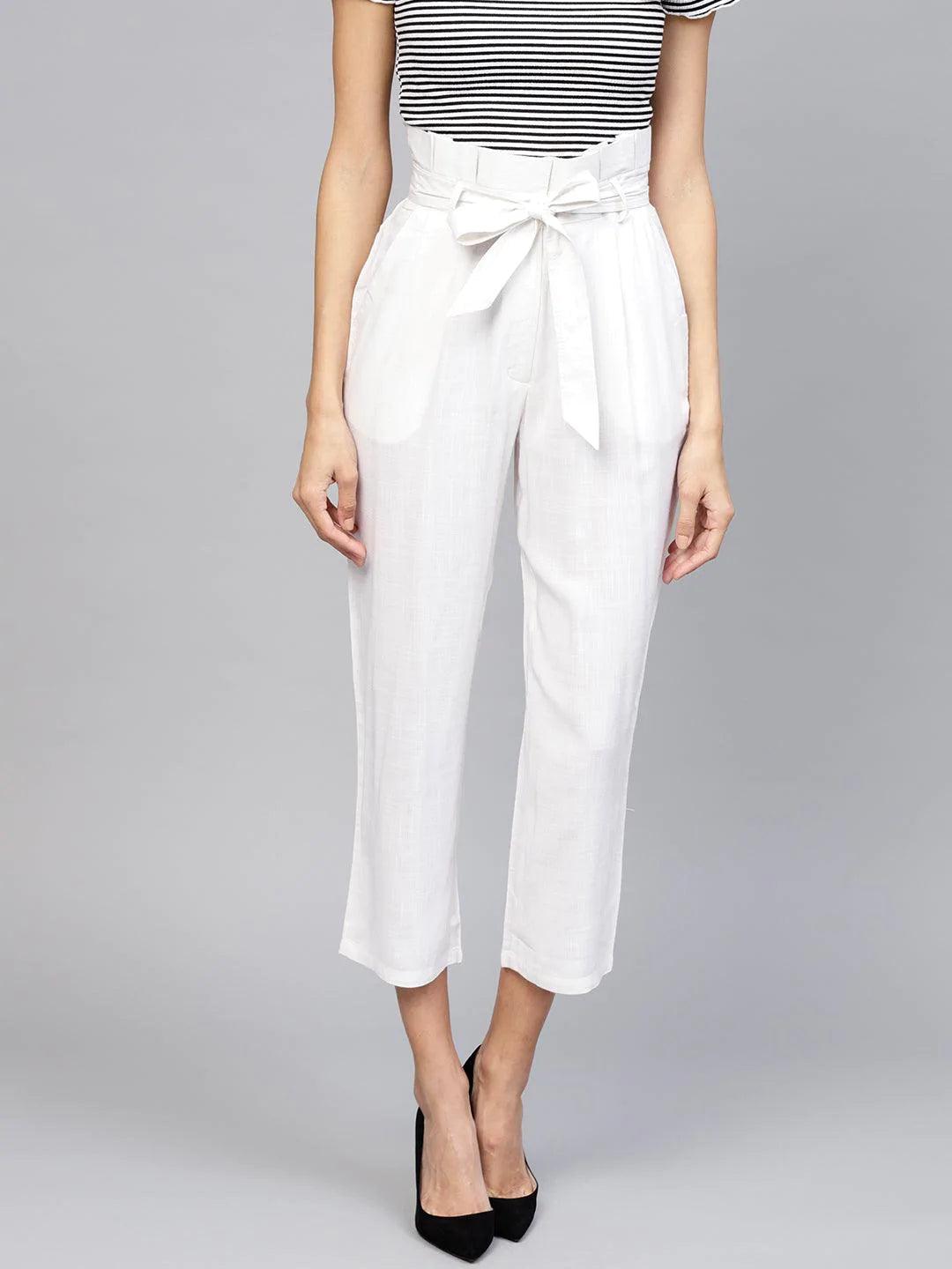 White Solid Rayon Trousers - ShopLibas