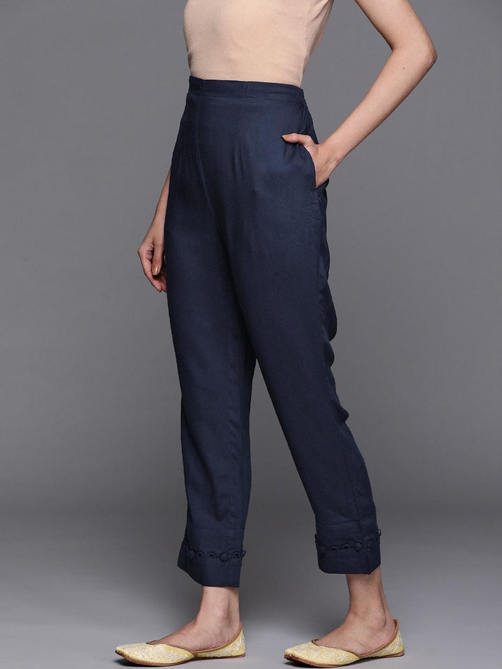 Blue Solid Rayon Trousers - ShopLibas