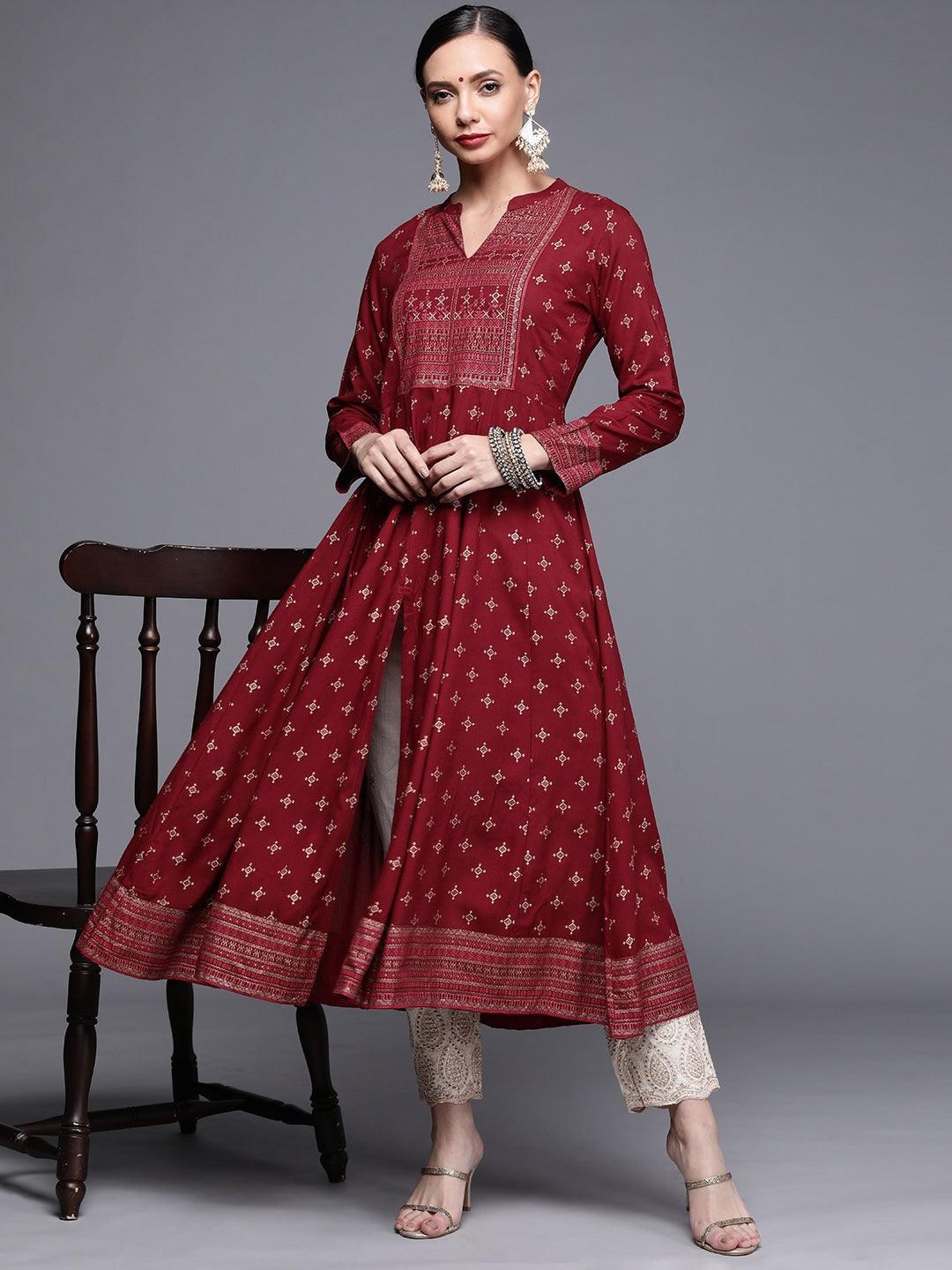 Maroon Printed Rayon Kurta - ShopLibas