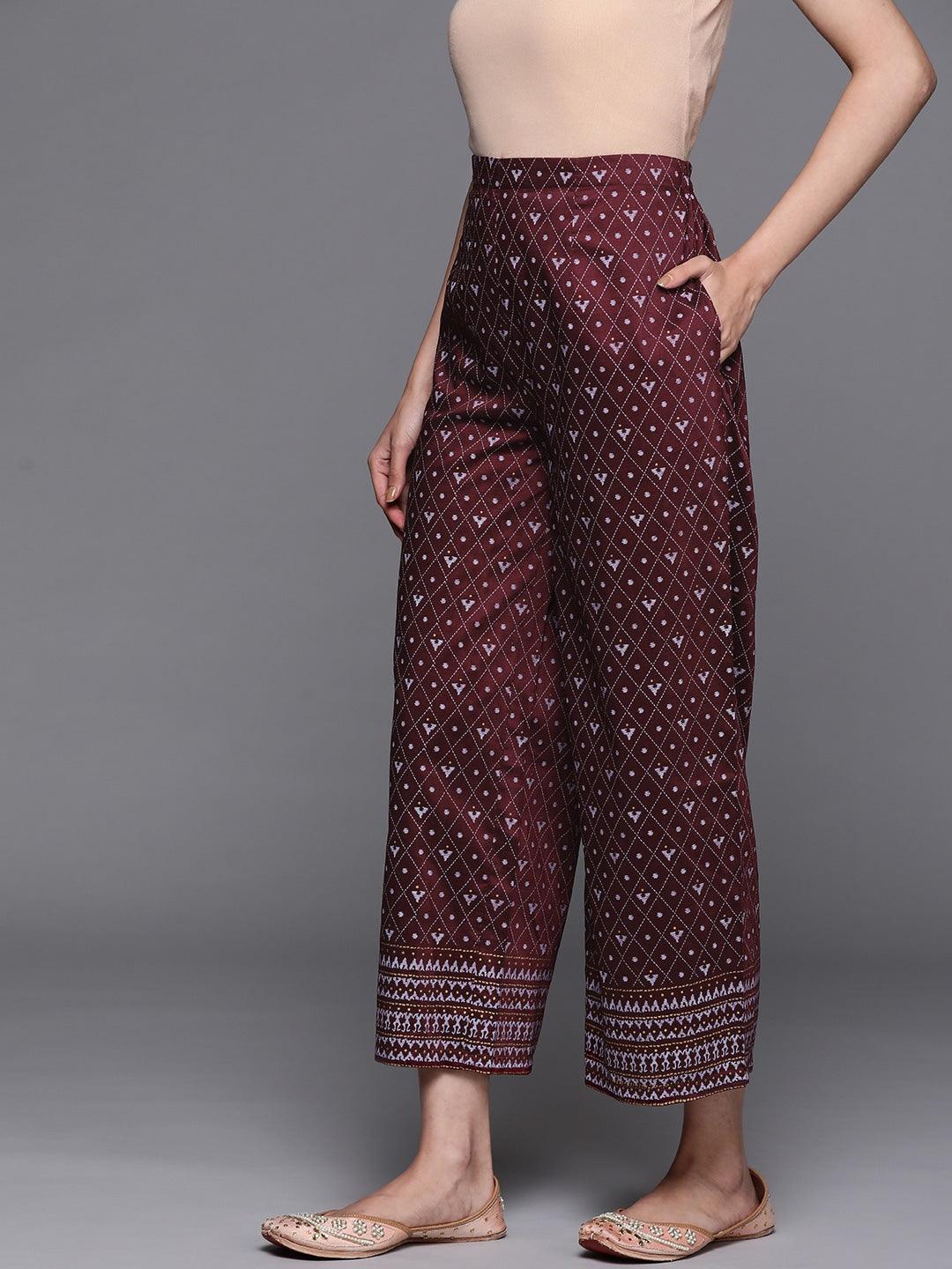 Maroon Printed Silk Palazzos