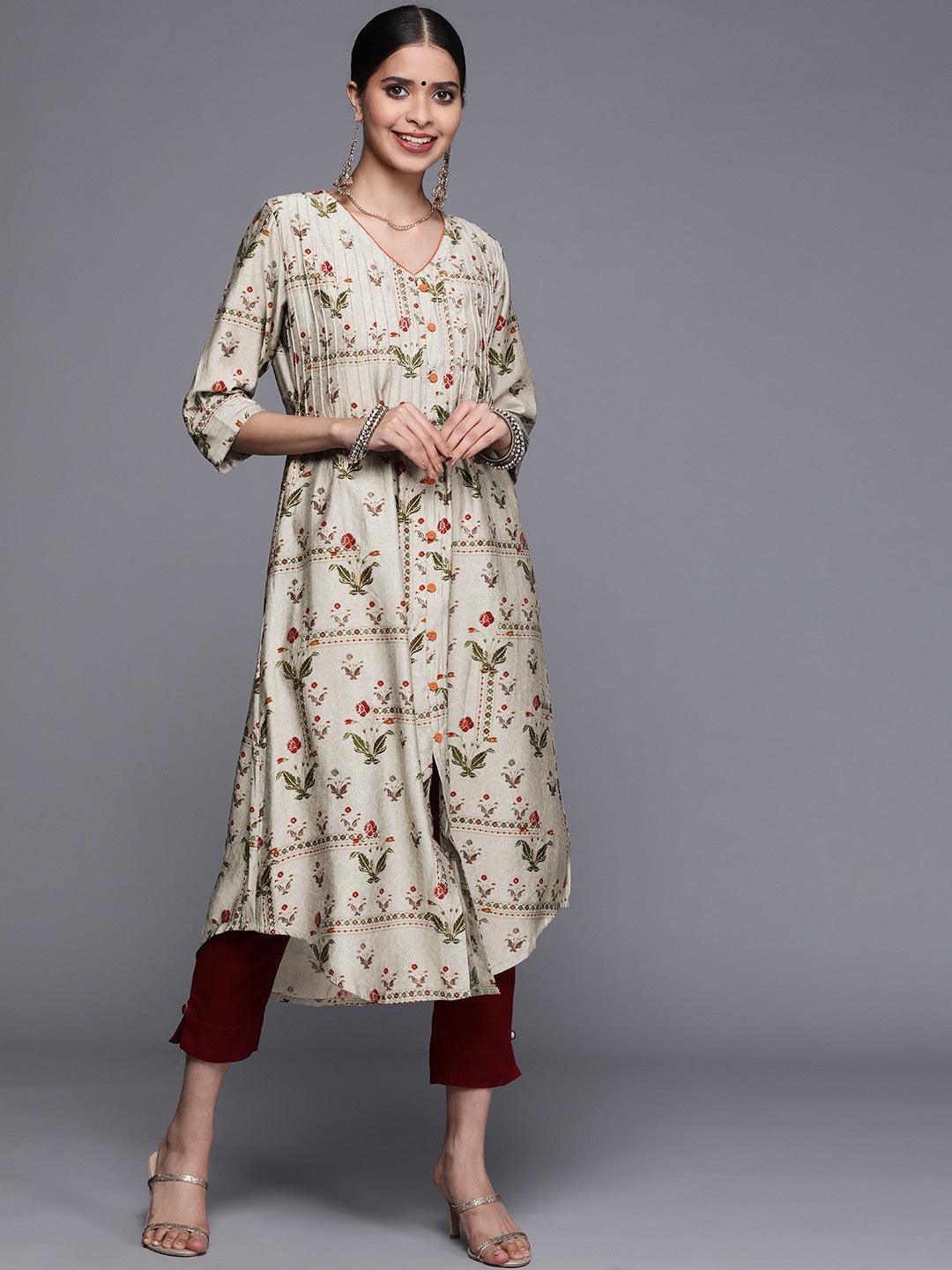 Grey Printed Chanderi Silk Kurta