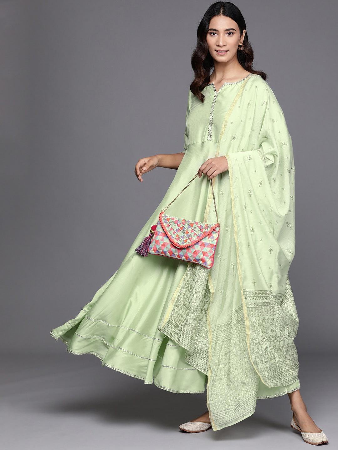 Green Solid Silk Dress With Dupatta