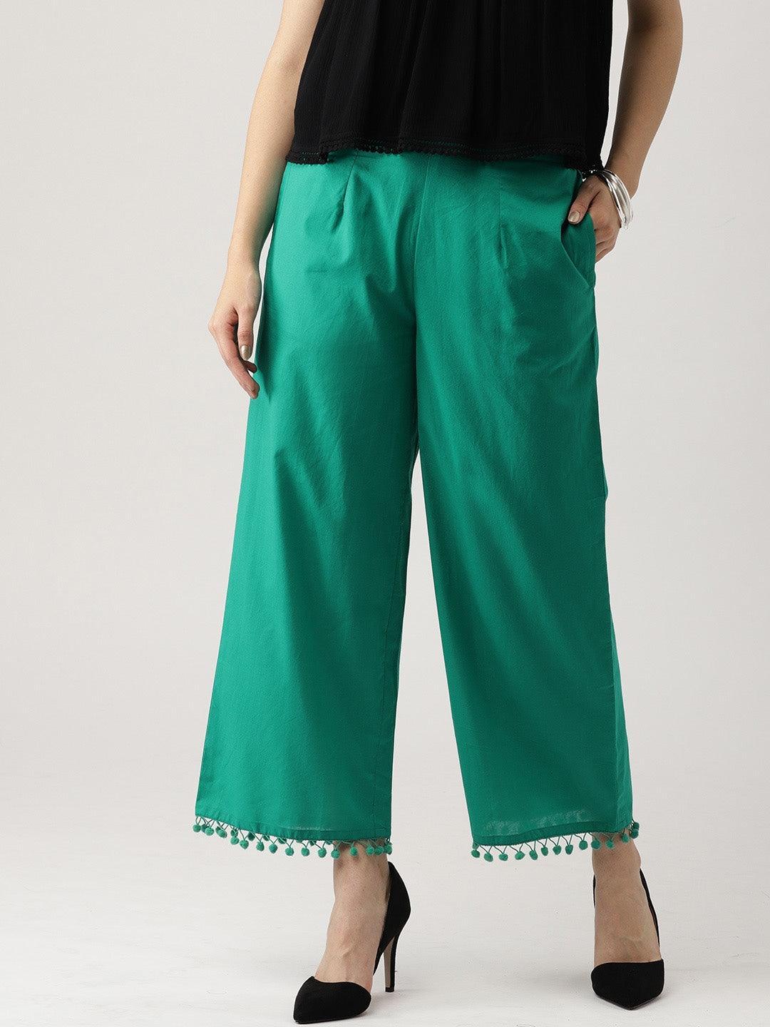 Green Solid Cotton Palazzos - ShopLibas