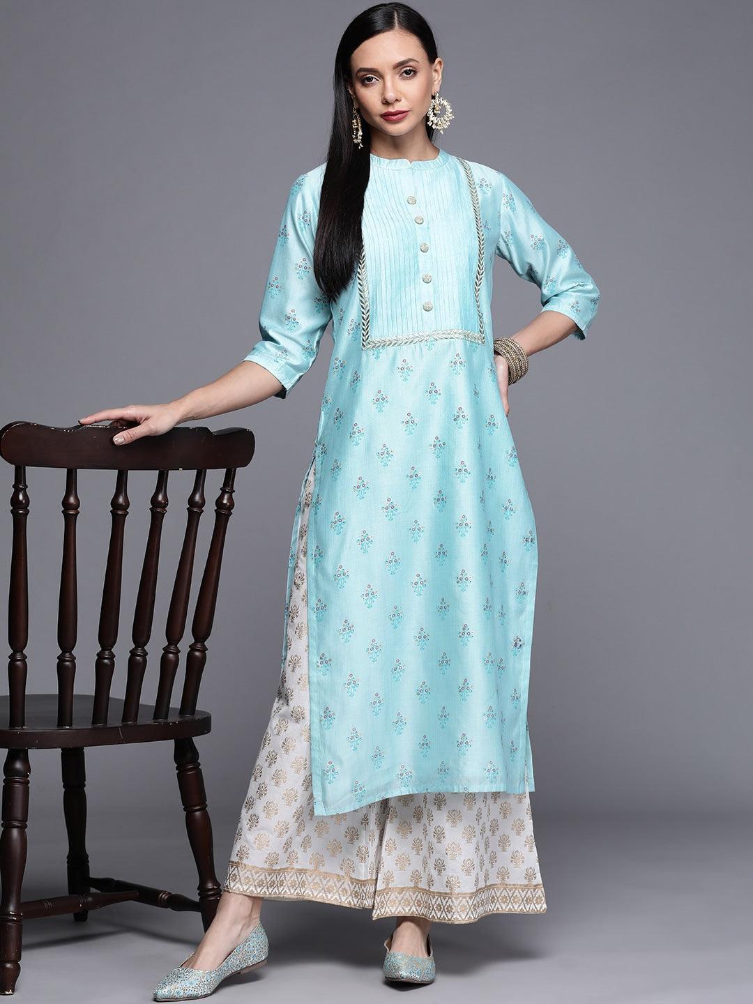 Blue Printed Chanderi Silk Kurta