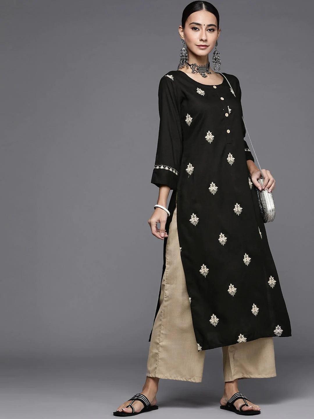 Black Embroidered Rayon Kurta Set