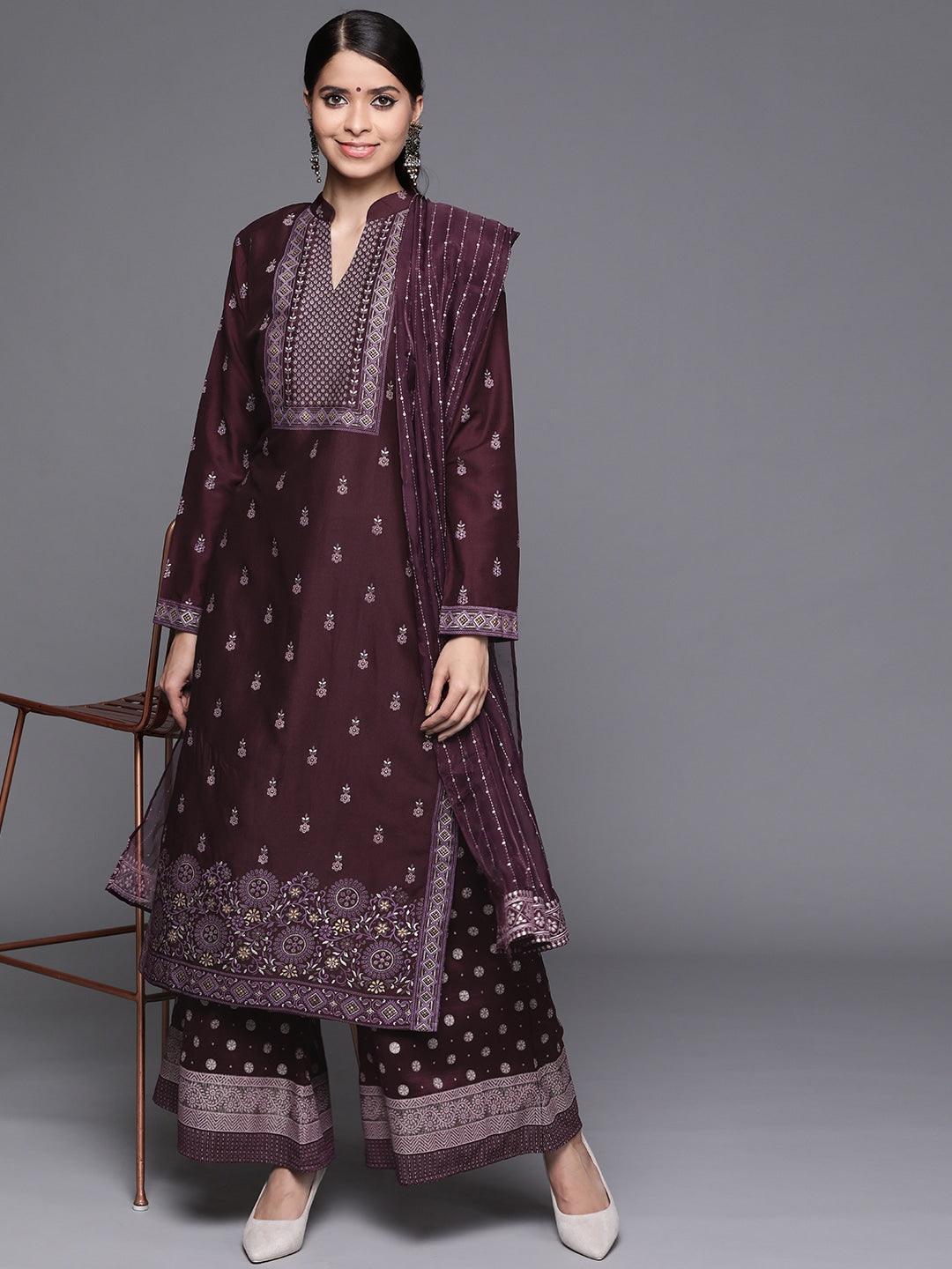 Purple Printed Silk Blend Suit Set