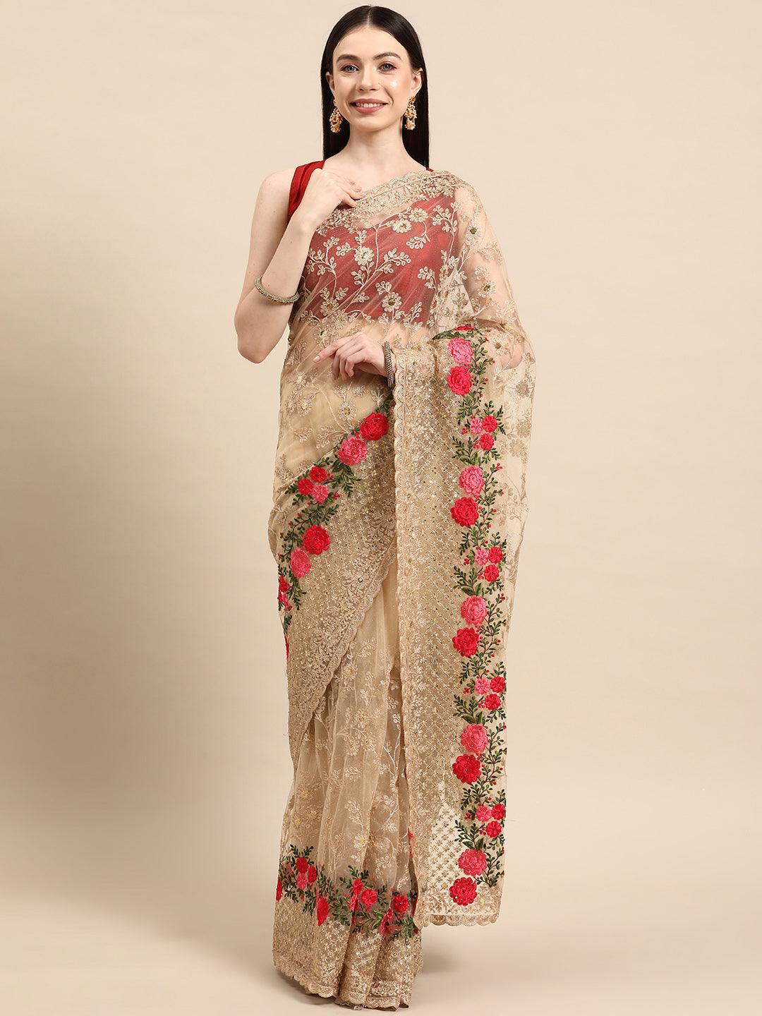 Beige Embroidered Net Saree