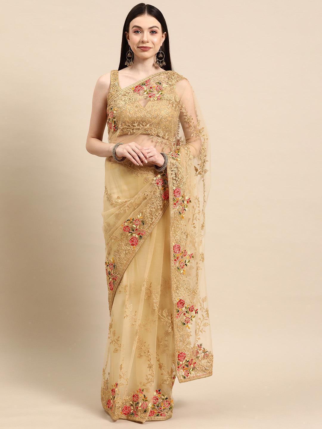 Beige Embroidered Net Saree