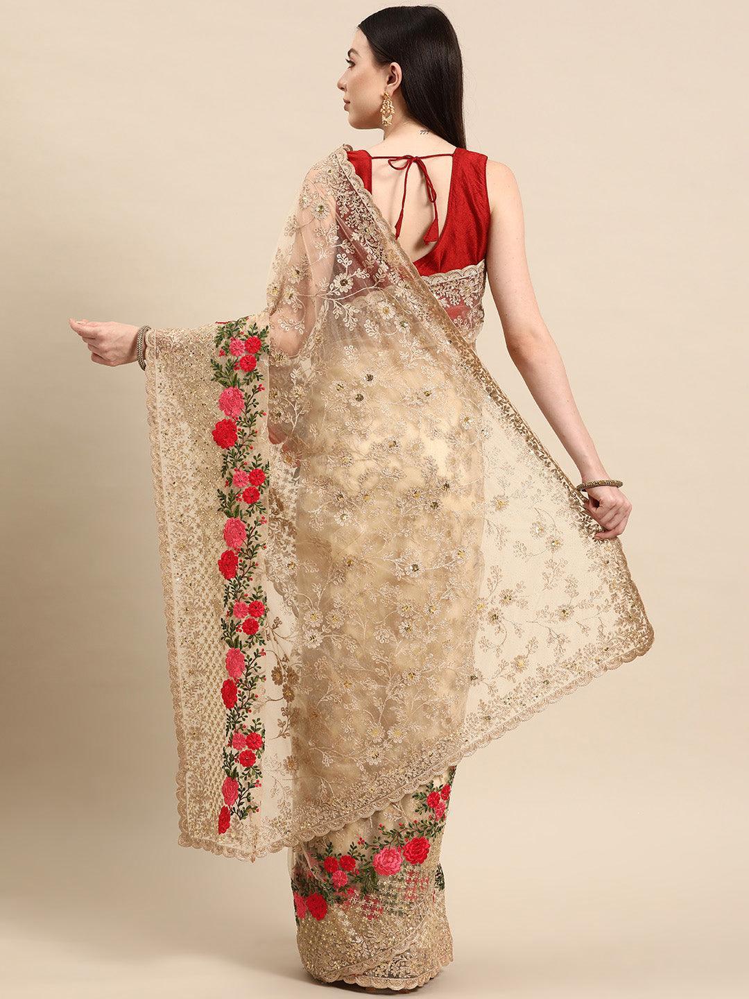 Beige Embroidered Net Saree