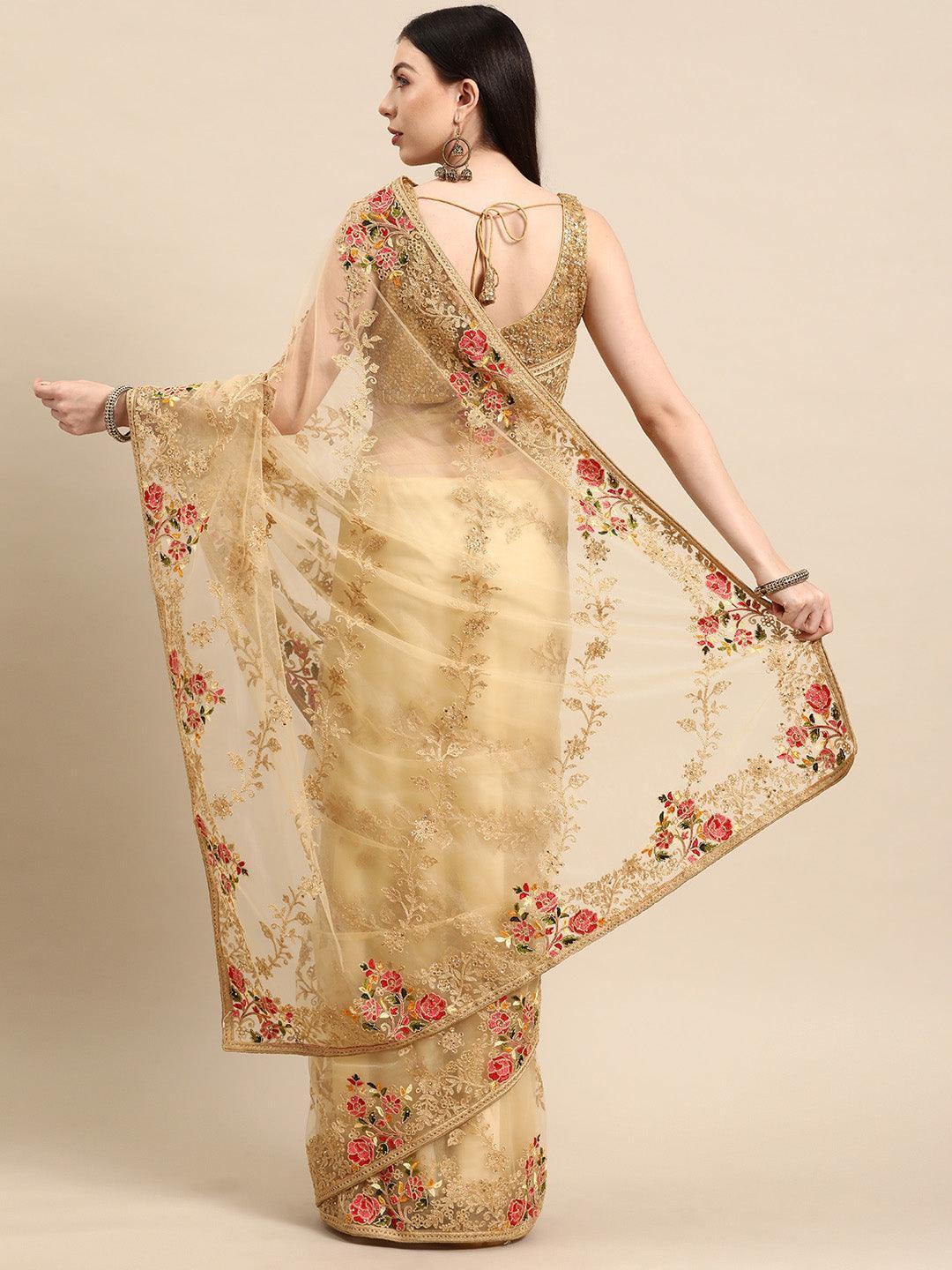 Beige Embroidered Net Saree