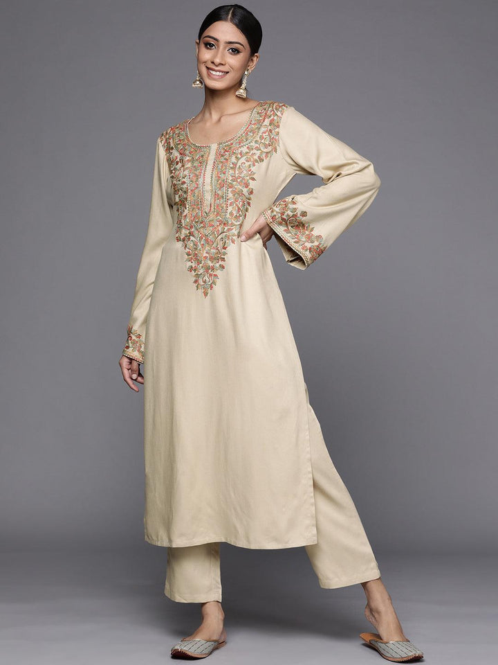 Beige Embroidered Rayon Kurta - ShopLibas