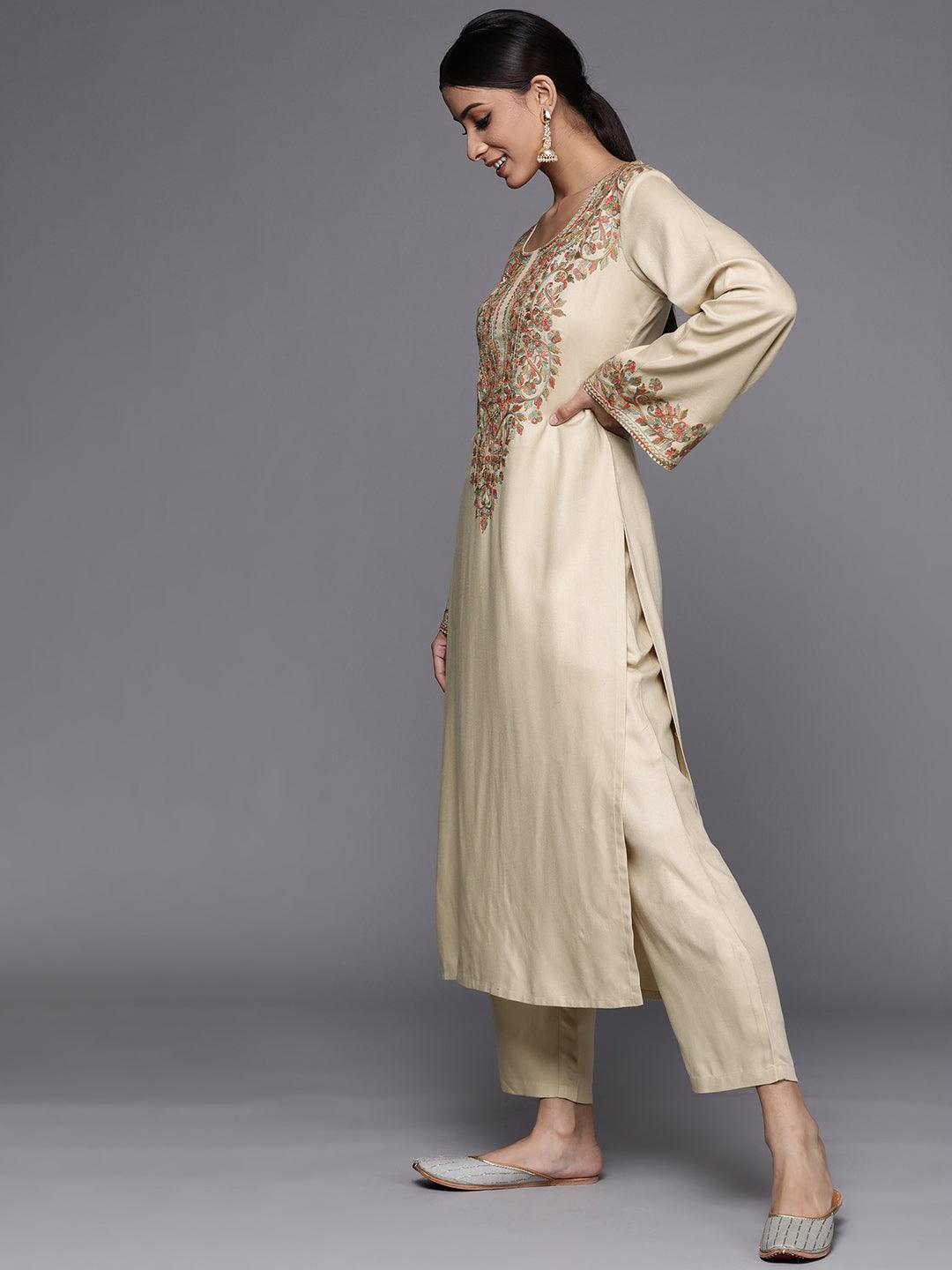 Beige Embroidered Rayon Kurta - ShopLibas