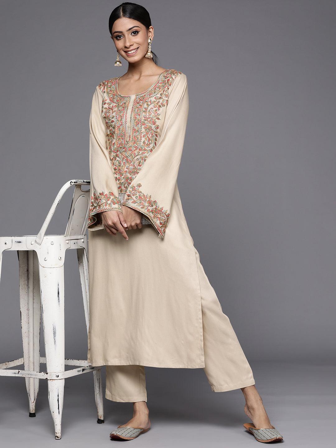 Beige Embroidered Rayon Kurta - ShopLibas