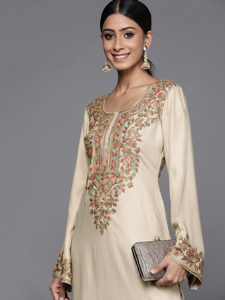 Beige Embroidered Rayon Kurta - ShopLibas