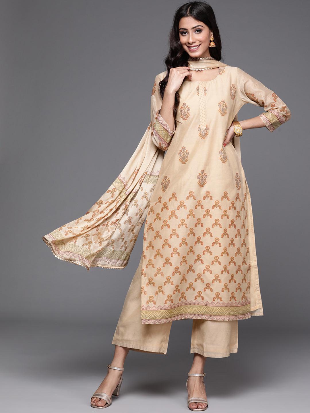 Beige Printed Chanderi Silk Suit Set