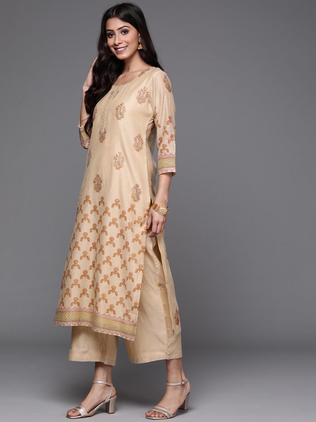 Beige Printed Chanderi Silk Suit Set - ShopLibas