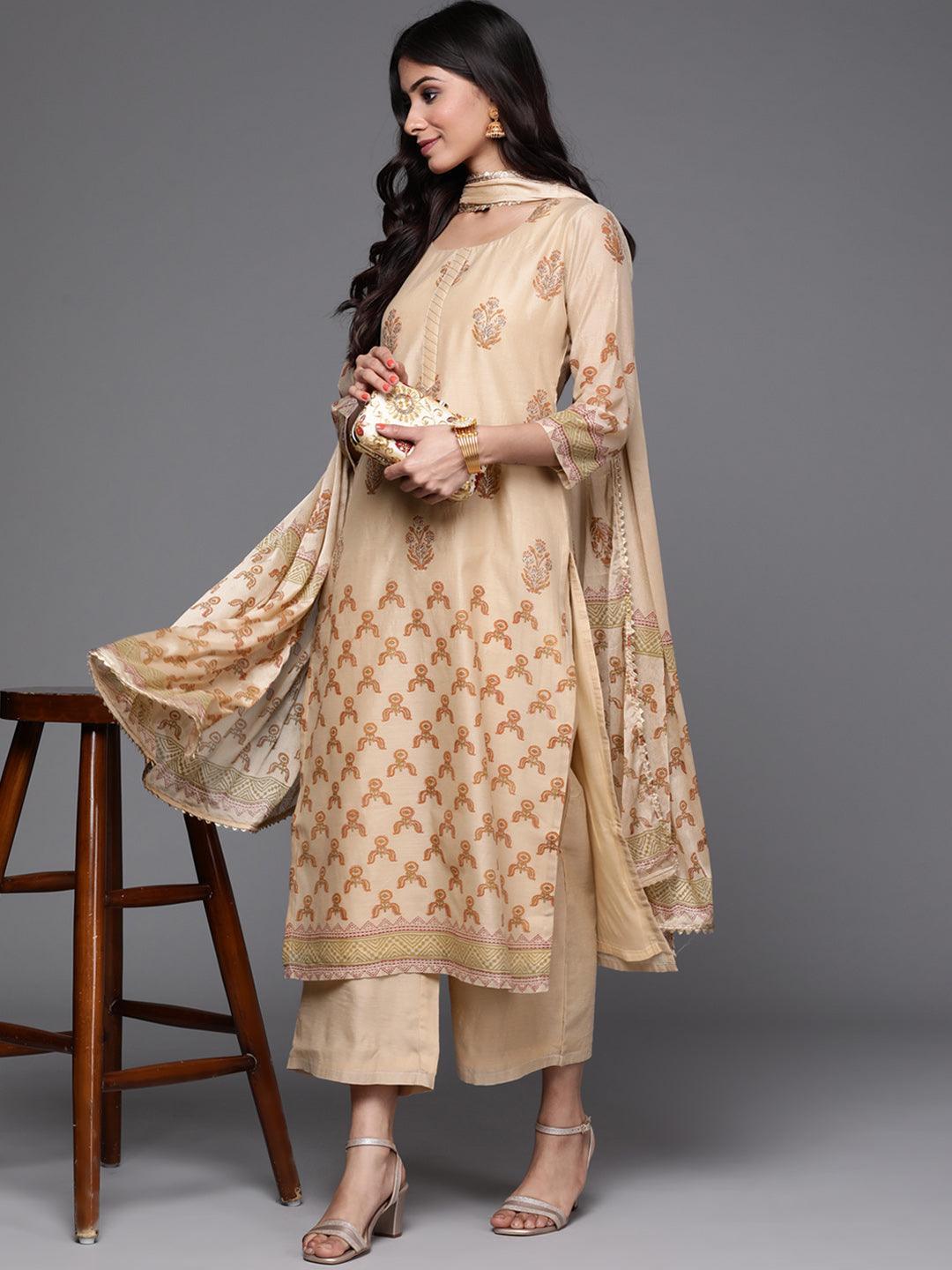 Beige Printed Chanderi Silk Suit Set