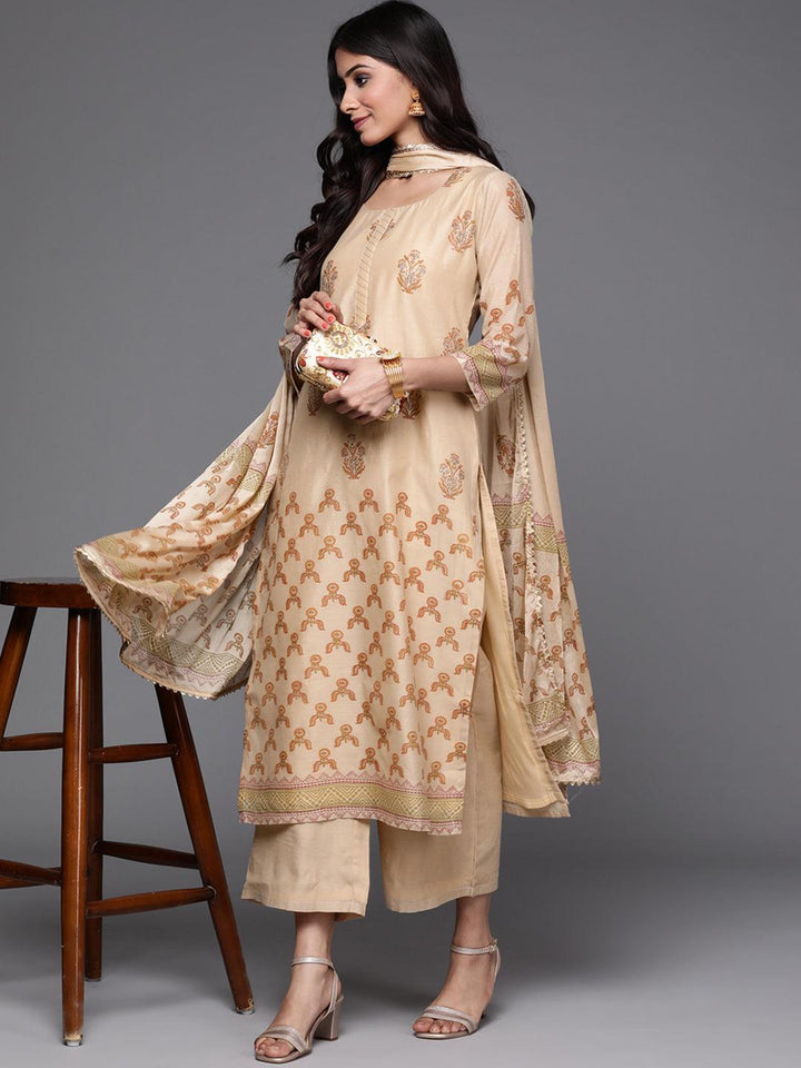 Beige Printed Chanderi Silk Suit Set - ShopLibas