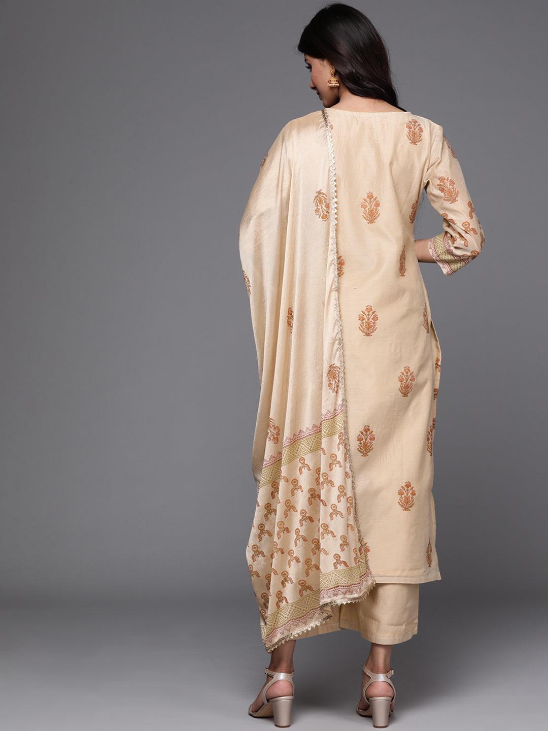 Beige Printed Chanderi Silk Suit Set - ShopLibas