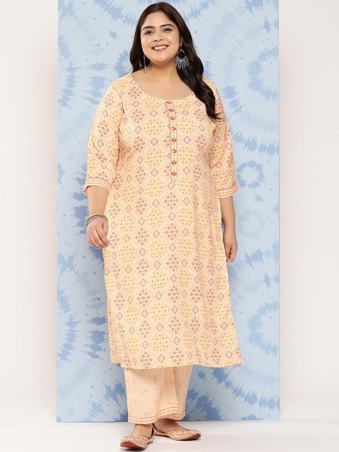 Beige Printed Cotton Blend Straight Kurta With Trousers - Libas