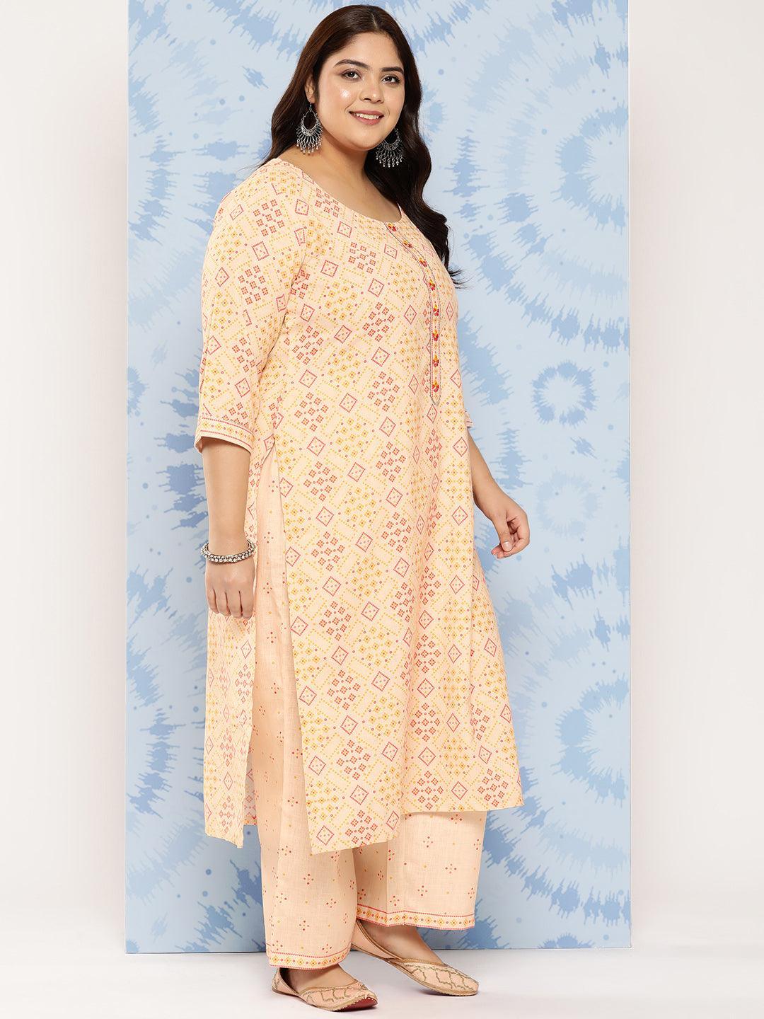 Beige Printed Cotton Blend Straight Kurta With Trousers