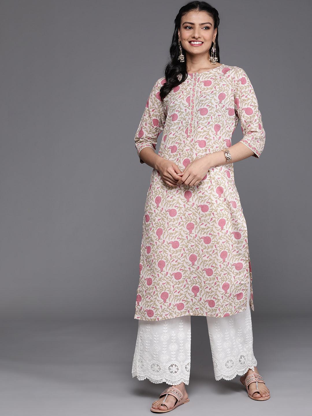 Beige Printed Cotton Kurta - ShopLibas