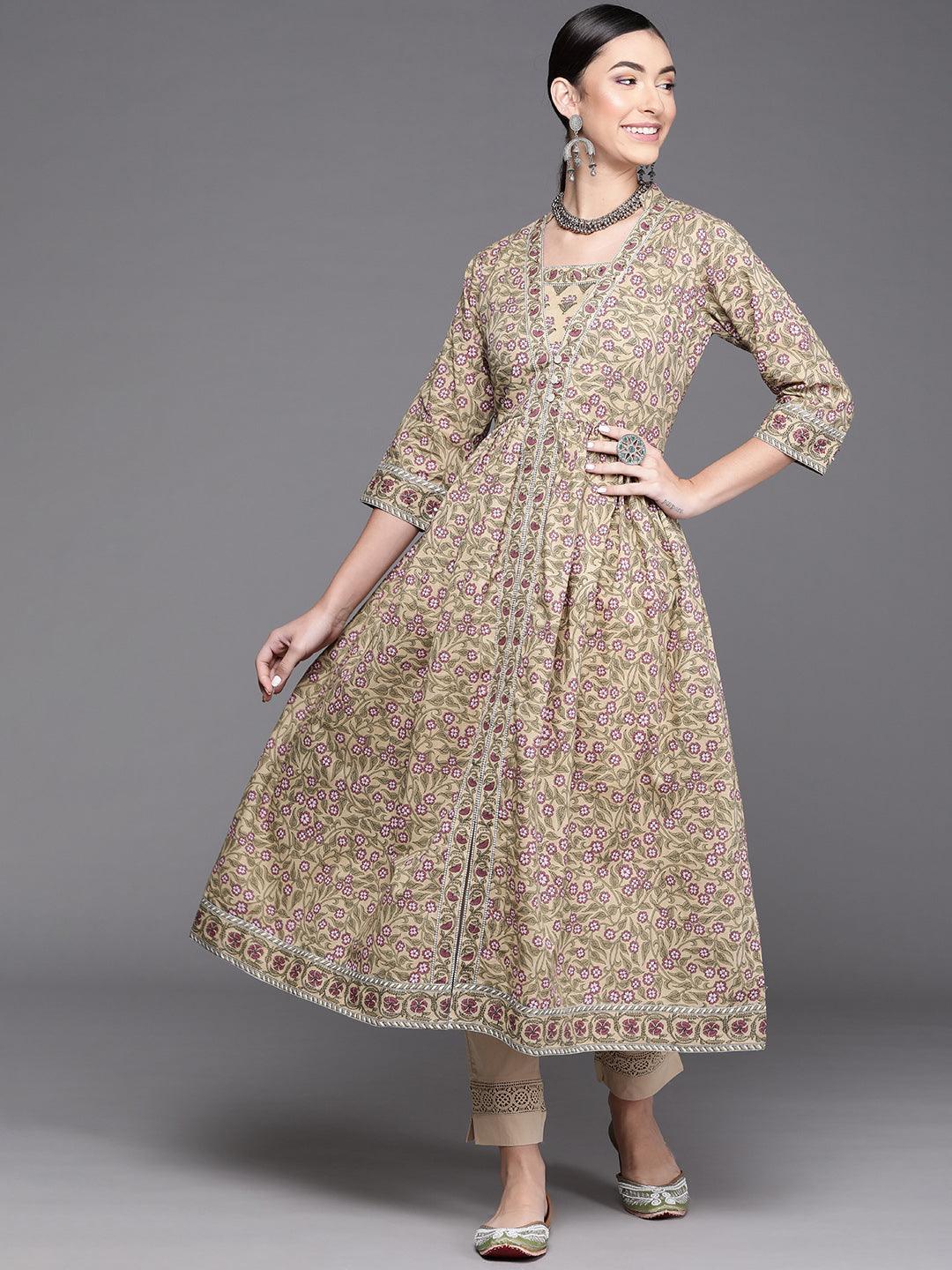 Beige Printed Cotton Kurta - Libas