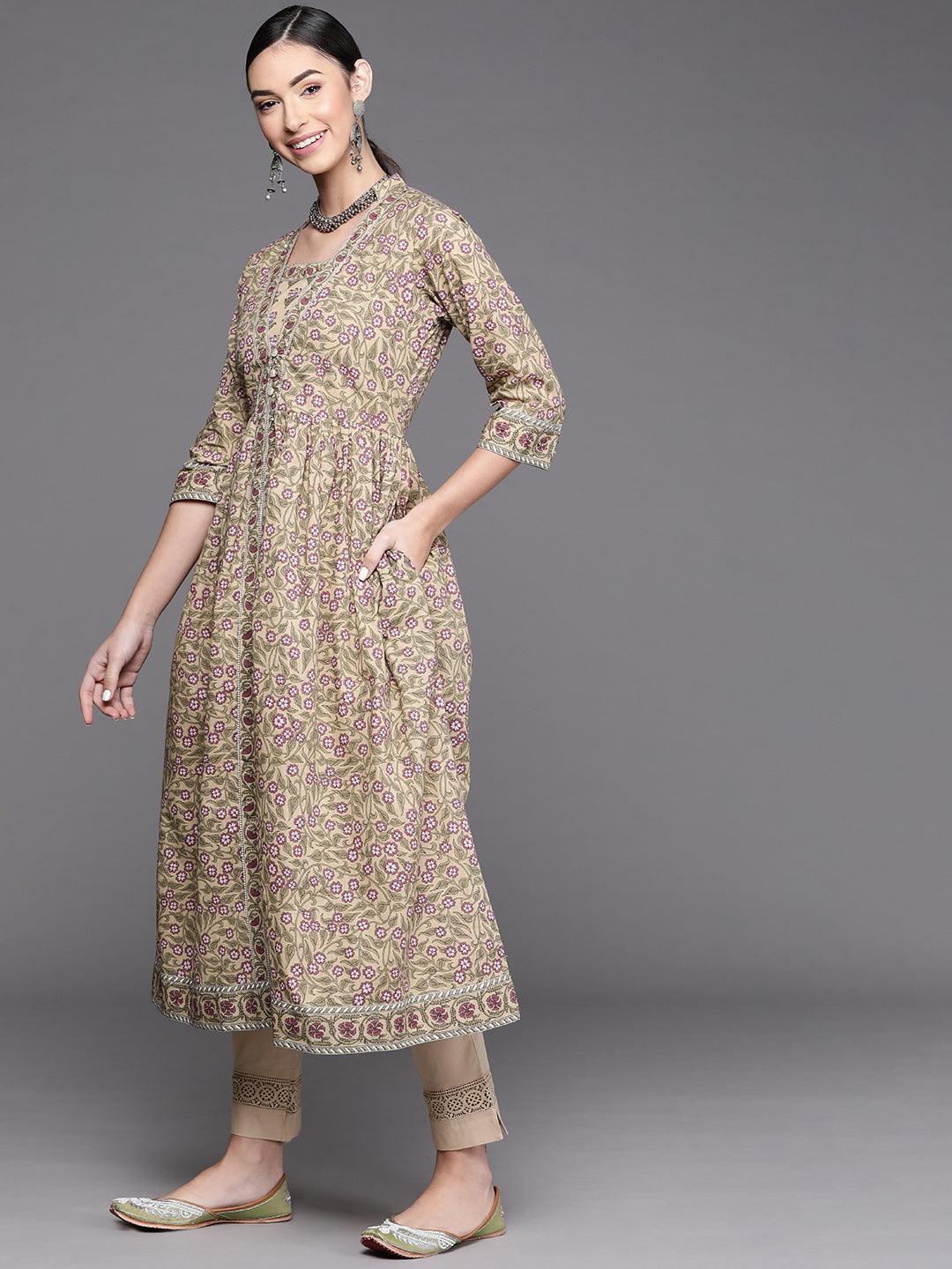 Beige Printed Cotton Kurta - Libas