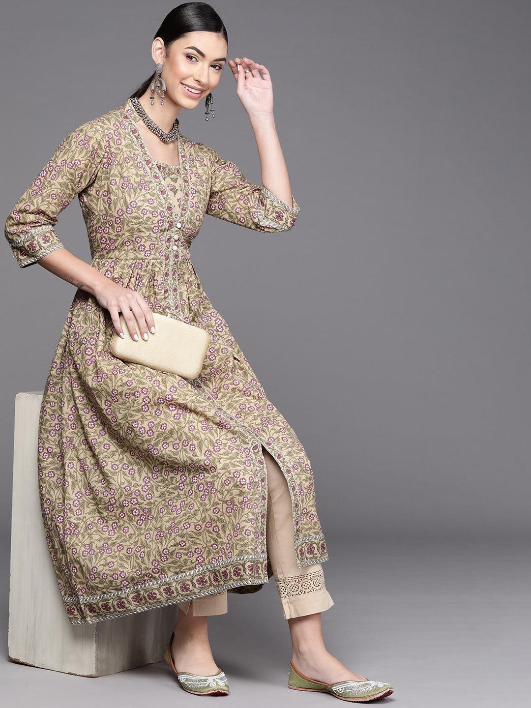 Beige Printed Cotton Kurta - Libas