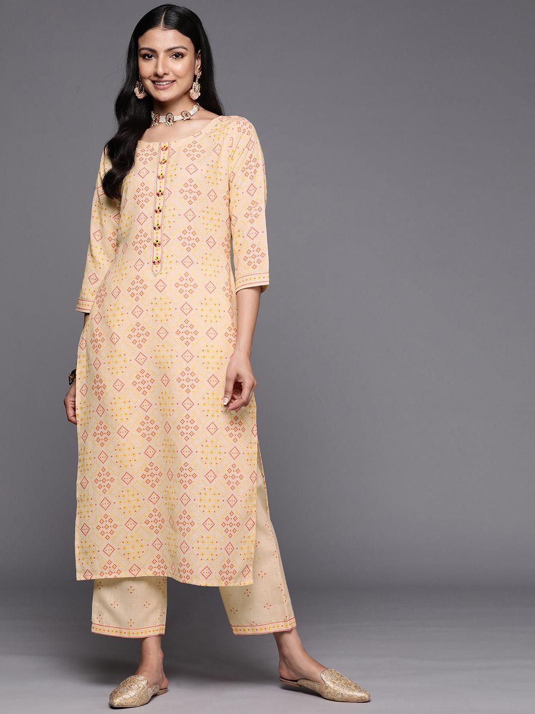 Beige Printed Cotton Straight Kurta Set With Trousers