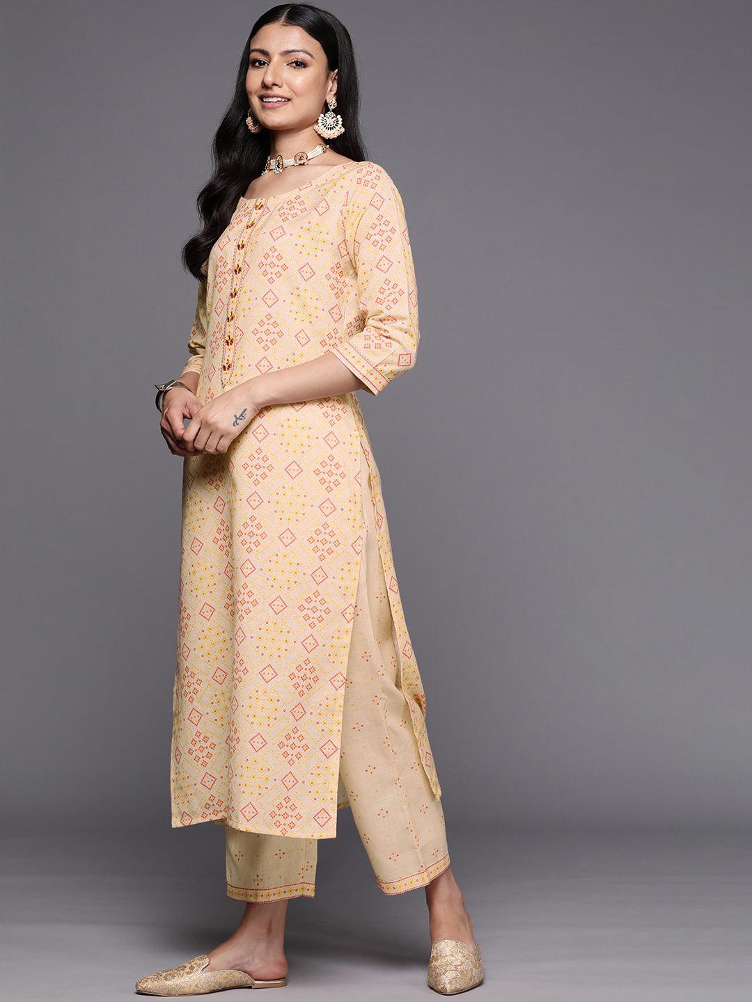 Beige Printed Cotton Straight Kurta Set With Trousers