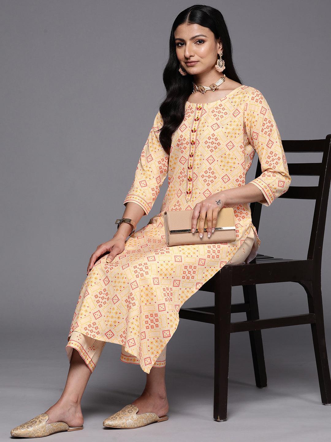 Beige Printed Cotton Straight Kurta Set With Trousers