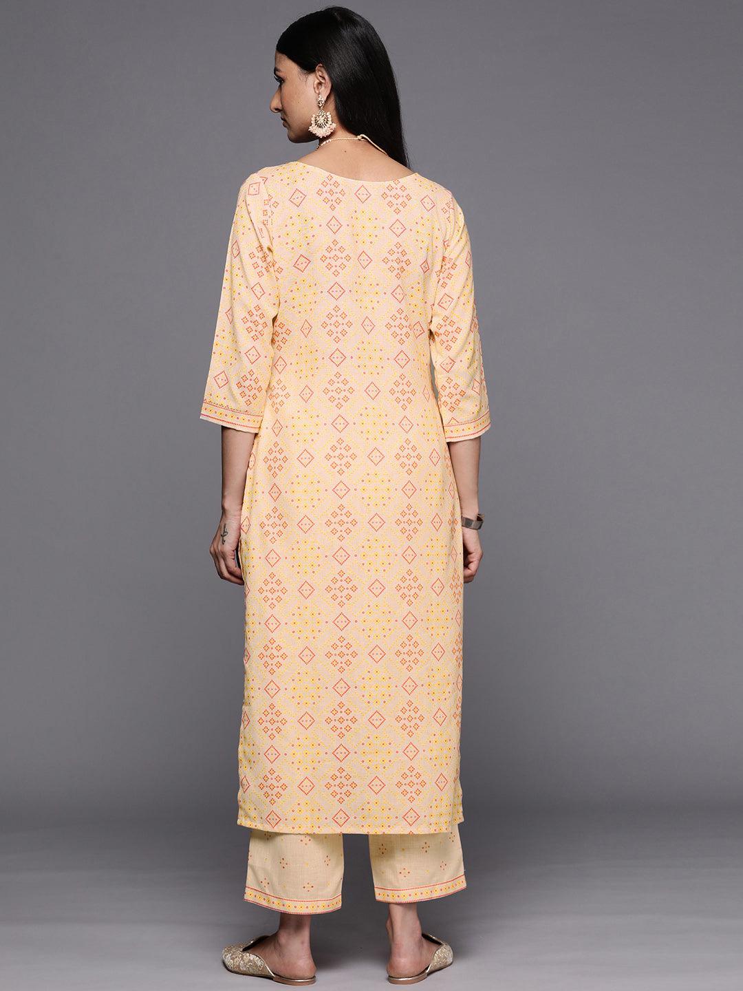 Beige Printed Cotton Straight Kurta Set With Trousers