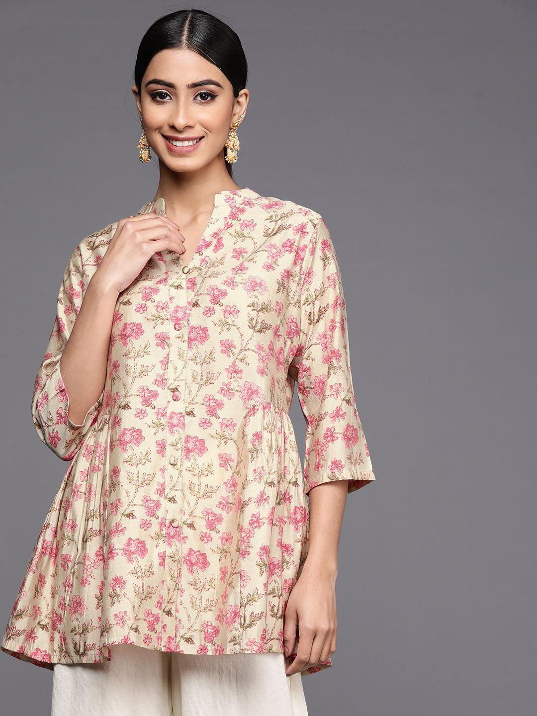 Beige Printed Silk Blend A-Line Kurti - Libas