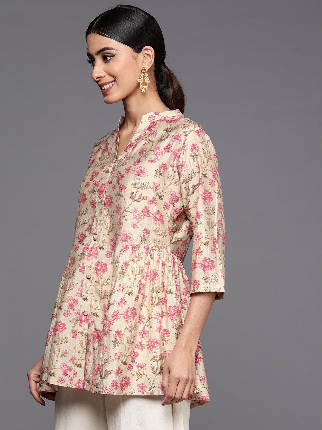 Beige Printed Silk Blend A-Line Kurti - Libas