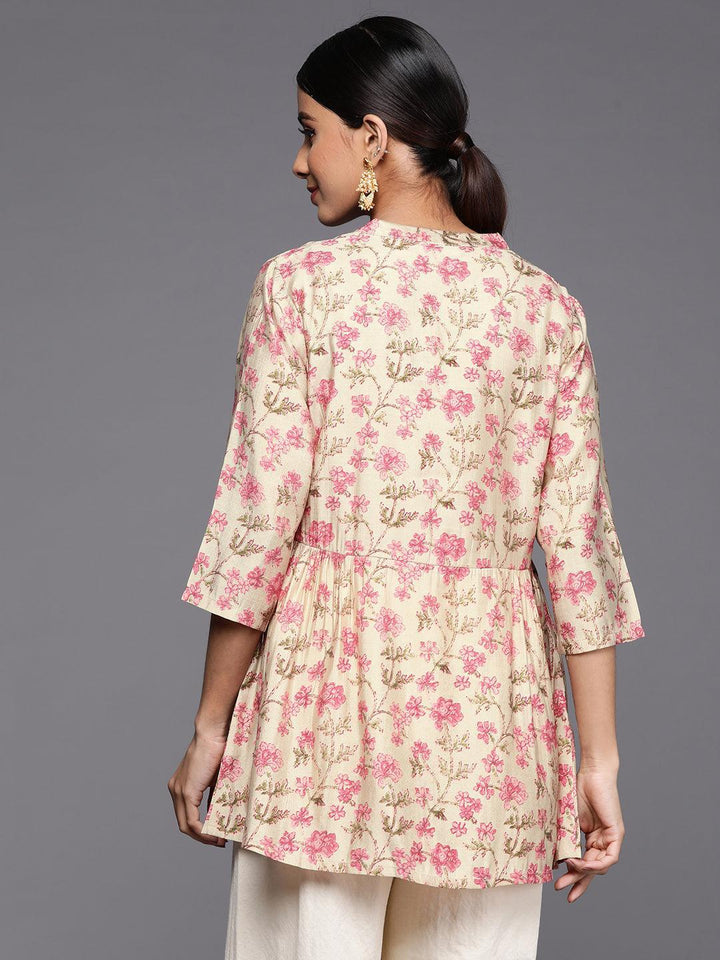 Beige Printed Silk Blend A-Line Kurti - Libas