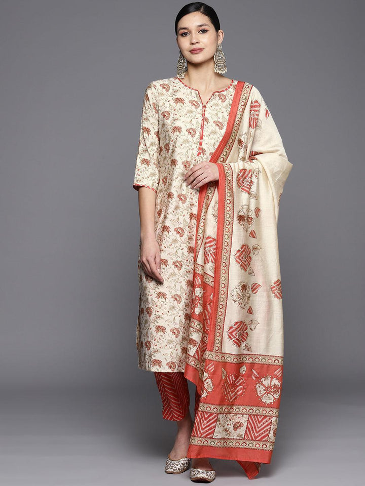 Beige Printed Silk Blend Straight Suit Set With Trousers - Libas